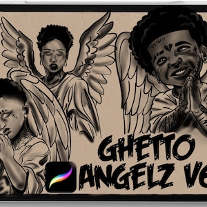 May include: Digital artwork featuring three figures with angel wings, rendered in black and white. The artwork includes the text "Ghetto Angelz V6" and a Procreate app icon. The figures are depicted with tattoos and praying hands.