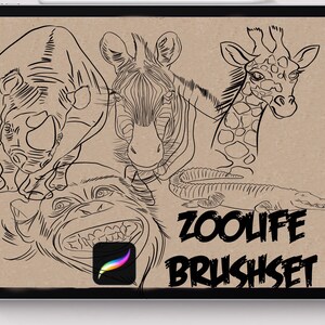May include: Black and white line art illustrations of a rhinoceros, zebra, giraffe, crocodile, and monkey. The illustrations are on a brown background with the text "Zoolife Brushset".