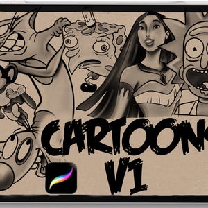 May include: A digital illustration featuring cartoon characters such as Ren and Stimpy, SpongeBob SquarePants, Pocahontas, and Rick Sanchez. The word "CARTOONS" is displayed, along with "V1" and a Procreate app icon.
