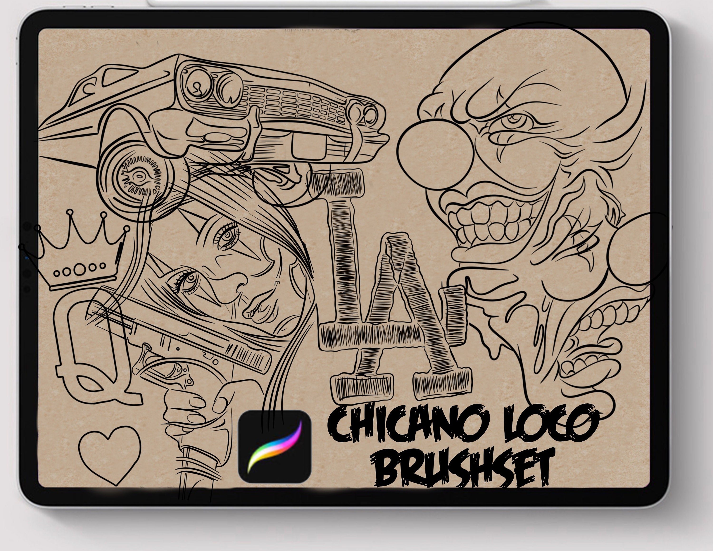 Tattoo procreate brushes Chicano Loco tattoo stencil