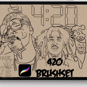 May include: Black and white line art illustration of two people with the text "420 Brushset" and "One Love" with a marijuana leaf. The illustration is on a brown background.
