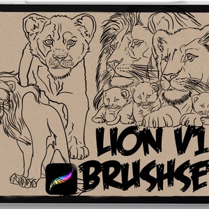 May include: A set of black and white line art lion illustrations. The set includes a lion, a lioness, a cub, and a group of cubs. The illustrations are in a cartoon style and are perfect for use in digital art or print projects. The text "Lion V1 Brushset" is at the bottom of the image.