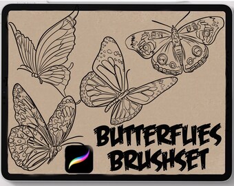 May include: A digital illustration of three butterflies with intricate wing patterns. The butterflies are drawn in black ink on a brown background. The text "Butterflies Brushset" is written in black at the bottom of the image.