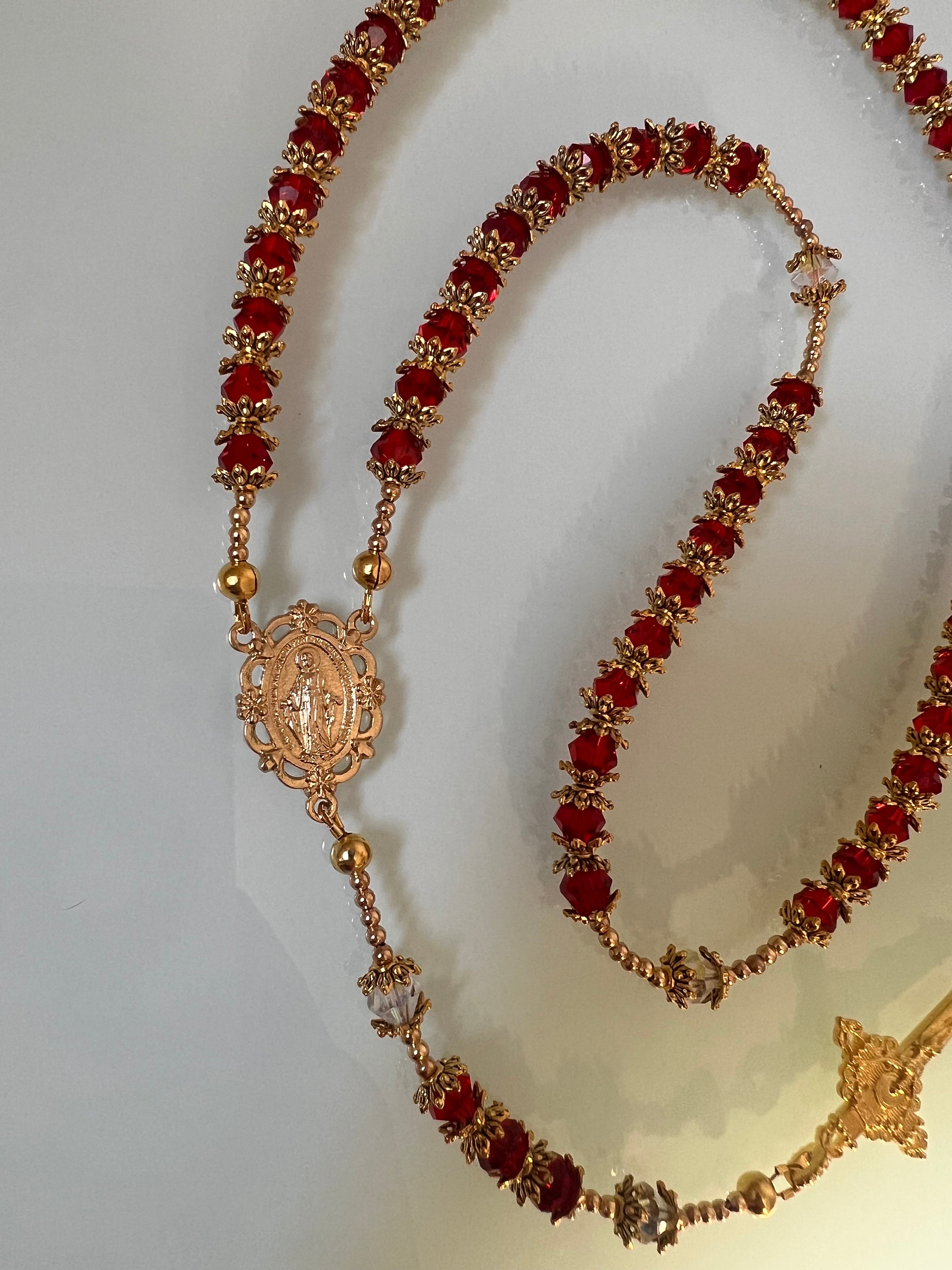 Lux Emerald Swarovski Crystal Rosary Necklace Tarnish Resistant Miraculous Medal Hand Made 8mm