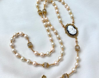 Lux Pearl/Gold Virgin Mary Rosary Necklace | Tarnish Resistant | Miraculous Medal | Hand Made | 8mm Beads