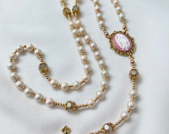 Lux Pearl/Gold Virgin Mary Rosary Necklace | Tarnish Resistant | Miraculous Medal | Hand Made | 8mm Beads