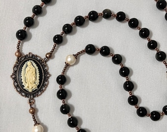 Lux Gemstone Rosary Necklace | Antique Bronze | Tarnish Resistant | Hand Made | 8mm Beads