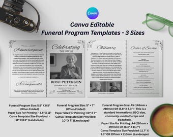 Plantilla editable de programa funerario: Celebración de la vida, servicio conmemorativo (Canva, descarga instantánea)
