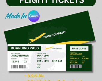 Editable Boarding Pass Template: Green Airline Ticket Invitation (Instant Download)