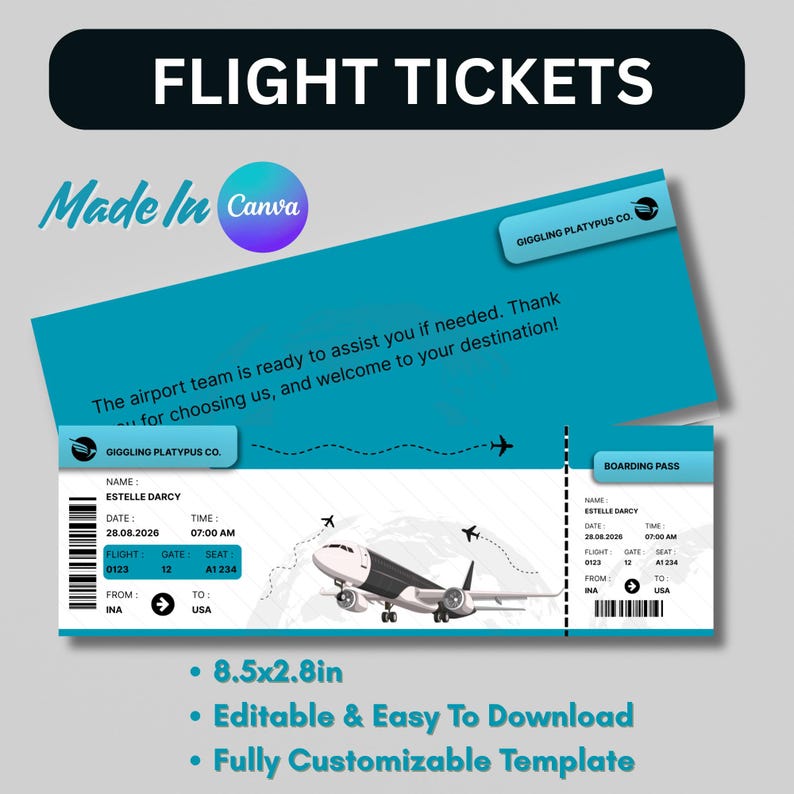 Editable Boarding Pass Template: Blue Airline Ticket Invitation ...