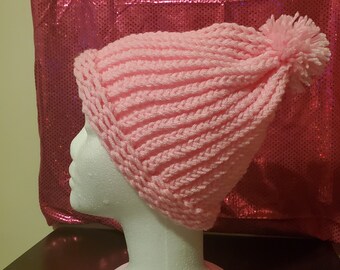 Ladies Handmade Crochet Bubblegum Beanie with Pompom