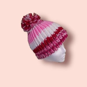 Handmade Pink, White, and Red Beanie - Adult Size