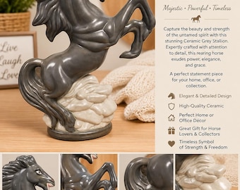 Estatua de semental gris de cerámica / Figura de caballo encabritado, decoración ecuestre para el hogar
