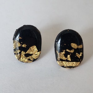 Black Earrings with Gold Accents - Black and Gold polymer clay stud style earrings