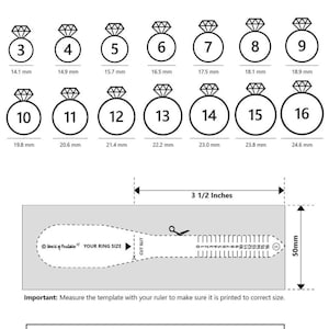 Puede incluir: Un gráfico y medidor de anillos con tallas de anillo 3-16, cada uno con un gráfico de anillo de diamantes y medidas en milímetros. Incluye un medidor de anillo de papel con un recorte y una regla, que mide 3 1/2 pulgadas y 50 mm.