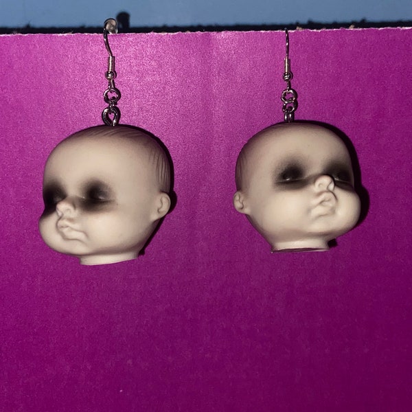 Creepy Doll Head Earrings, weird handmade earrings, goth jewelry, tacky jewelry, emo, novelty earrings