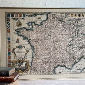 Vintage Framed Print of Carte de France, Flags of France Regions Illustrated by Daniel Derveaux (Philippe buache 1745)