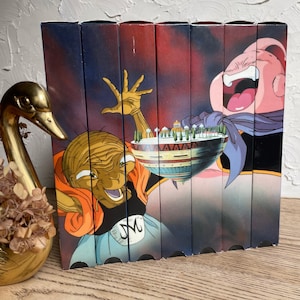 May include: A set of eight VHS tapes featuring a cartoon image of a pink, smiling character with a black and white scarf and a green, yellow, and brown character with a large, toothy grin. The tapes are labeled with the text "Dragon Ball Z".