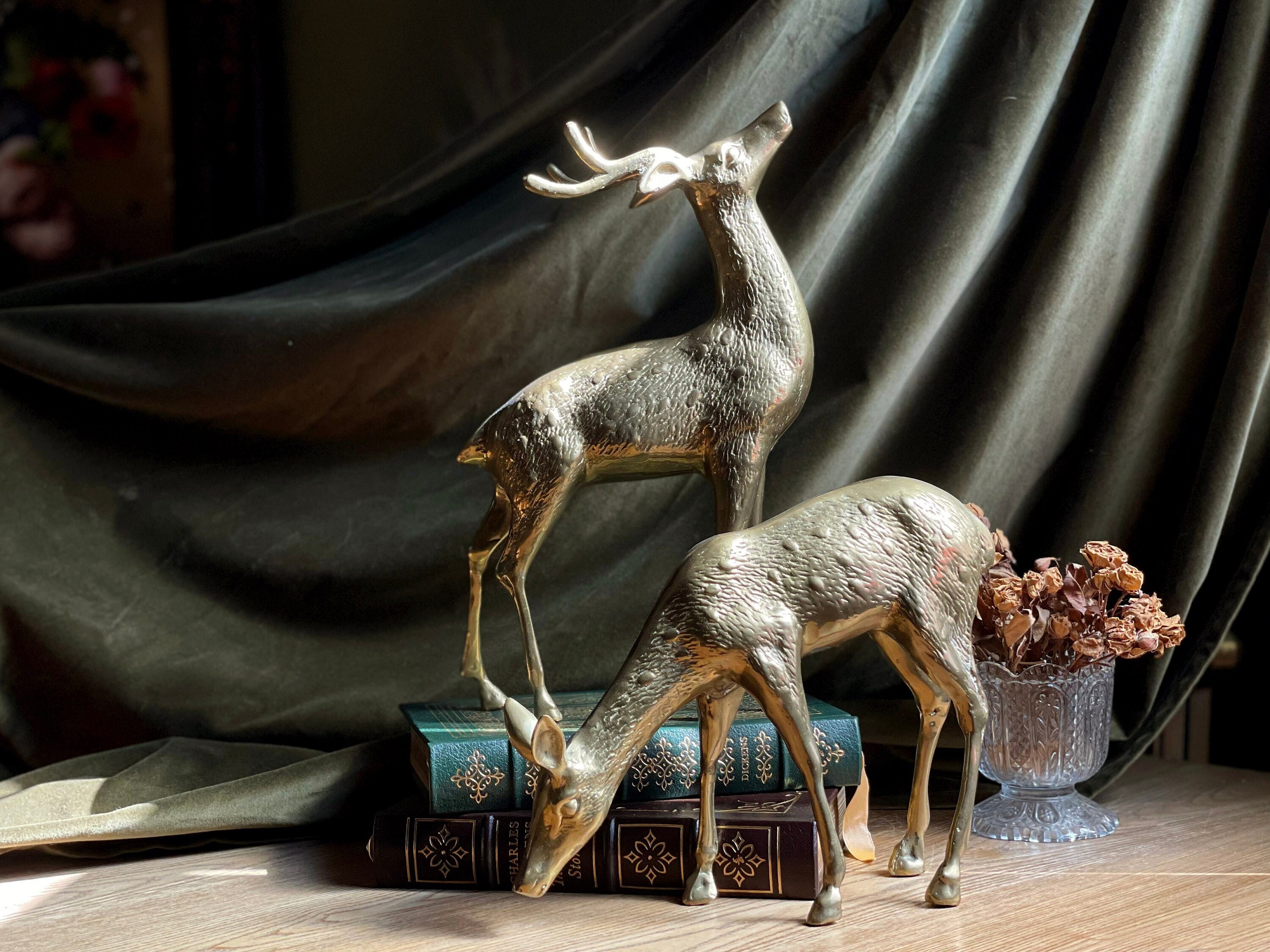 LARGE Vintage Set of Brass Deer and Brass Doe Mid Century Solid Brass Statues Large Brass figurines