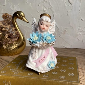 Vintage 1960s Lefton July Birthday Angel --Holding Blue Flowers --Vintage Lefton Angel Made in Japan --4"