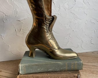 Vintage Brass Victorian Lace Up Boot Vase -- Unique Brass Decor --Brass Victorian Boot Shoe Vase Planter