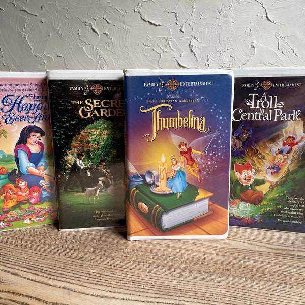 Vintage Bundle of 4 whimsical fairytale VHS movie Tapes -Thumbelina -A Troll in Central Park  -The Secret Garden  -Happily Ever After