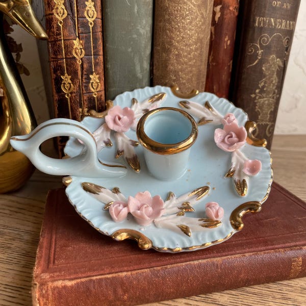 Vintage Rococo Style Candleholder -Baby Blue Chamber Candlestick Holder with delicate Pink flowers+ gold & white leaves -ESD Japan Ceramic