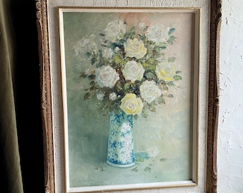 Vintage Floral Still Life Painting on Canvas - Large French Country style Painting 24 x 29.5