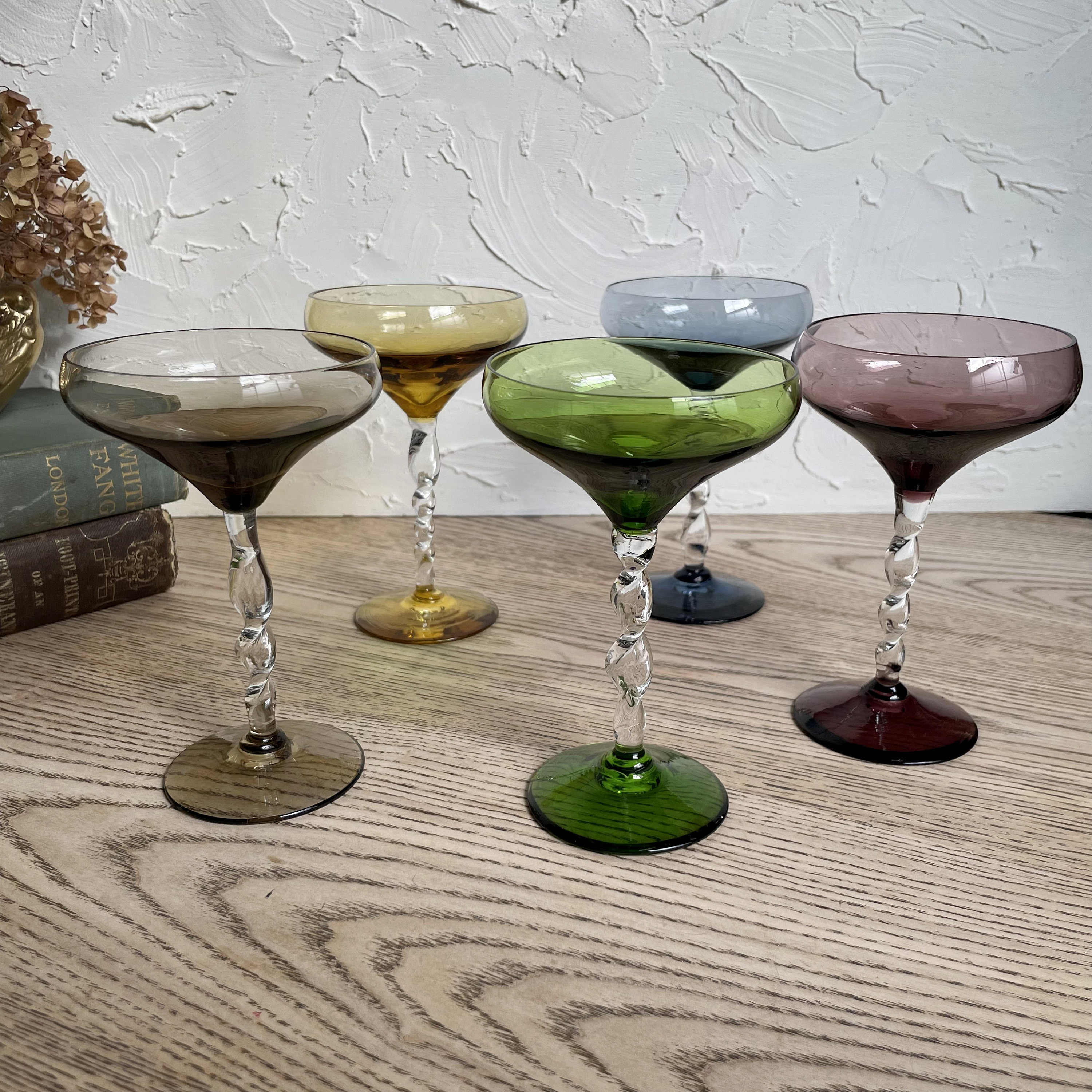 Cute Set of 5 Vtg COLORED Footed Tasting/Mini Martini Glasses. 3.75. Tall..