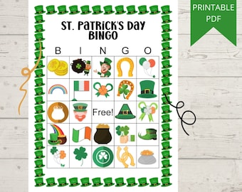 Bingo imprimible del Día de San Patricio para niños, juego de bingo con duendes de trébol, actividad para fiestas en el aula, descarga instantánea