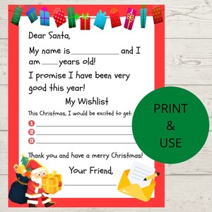 Puede incluir: Una carta imprimible a Pap&aacute; Noel con un borde rojo. La carta incluye secciones para completar con el nombre, la edad y la lista de deseos del ni&ntilde;o. Tambi&eacute;n incluye ilustraciones de regalos coloridos y un gr&aacute;fico de Pap&aacute; Noel.