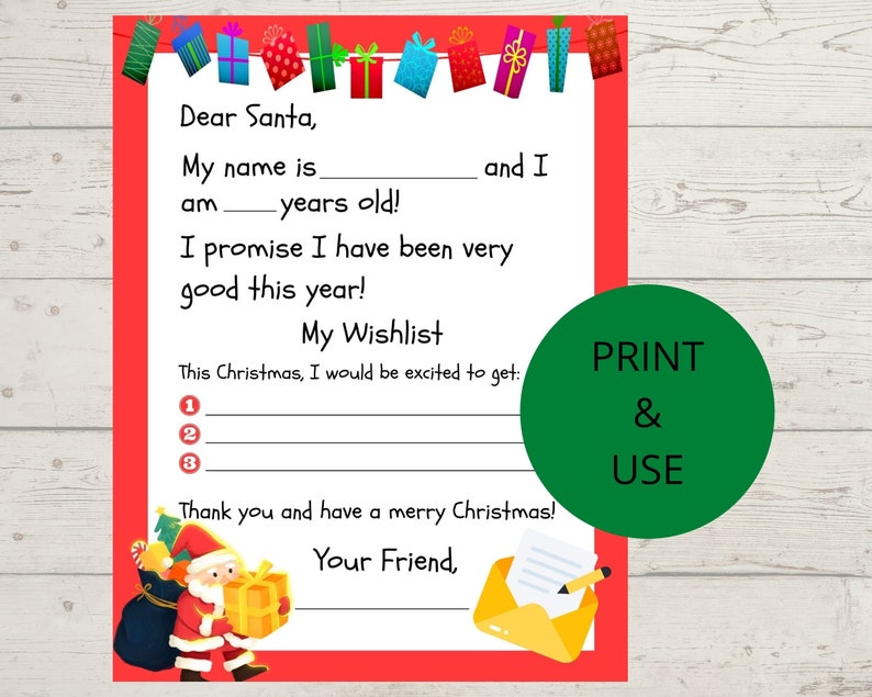 Puede incluir: Una carta imprimible a Pap&aacute; Noel con un borde rojo. La carta incluye secciones para completar con el nombre, la edad y la lista de deseos del ni&ntilde;o. Tambi&eacute;n incluye ilustraciones de regalos coloridos y un gr&aacute;fico de Pap&aacute; Noel.