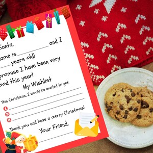 Puede incluir: Imagen navide&ntilde;a con una carta a Pap&aacute; Noel con espacios en blanco y un plato de galletas con chispas de chocolate. La carta est&aacute; decorada con cajas de regalo coloridas y una ilustraci&oacute;n de Pap&aacute; Noel. Un su&eacute;ter rojo est&aacute; en el fondo.