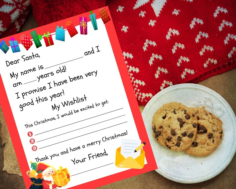 Puede incluir: Imagen navide&ntilde;a con una carta a Pap&aacute; Noel con espacios en blanco y un plato de galletas con chispas de chocolate. La carta est&aacute; decorada con cajas de regalo coloridas y una ilustraci&oacute;n de Pap&aacute; Noel. Un su&eacute;ter rojo est&aacute; en el fondo.