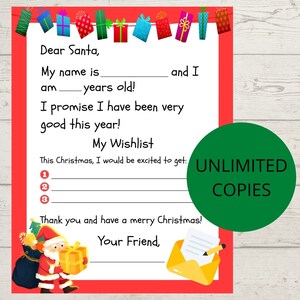 Puede incluir: Una carta imprimible con tem&aacute;tica navide&ntilde;a para Pap&aacute; Noel. La carta tiene un borde rojo y presenta espacio para escribir un nombre, edad y lista de deseos. Se incluyen ilustraciones de regalos coloridos y un gr&aacute;fico de Pap&aacute; Noel. Un c&iacute;rculo verde dice "COPIAS ILIMITADAS".