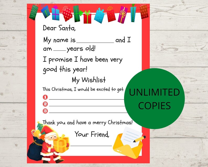 Puede incluir: Una carta imprimible con tem&aacute;tica navide&ntilde;a para Pap&aacute; Noel. La carta tiene un borde rojo y presenta espacio para escribir un nombre, edad y lista de deseos. Se incluyen ilustraciones de regalos coloridos y un gr&aacute;fico de Pap&aacute; Noel. Un c&iacute;rculo verde dice "COPIAS ILIMITADAS".