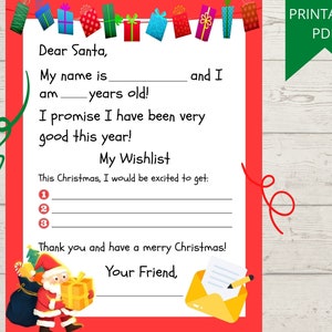 Puede incluir: Una carta de Navidad en PDF imprimible para Pap&aacute; Noel con un borde rojo. La carta incluye secciones para completar con el nombre, la edad y la lista de deseos del ni&ntilde;o. Pap&aacute; Noel y un regalo est&aacute;n ilustrados en la parte inferior.