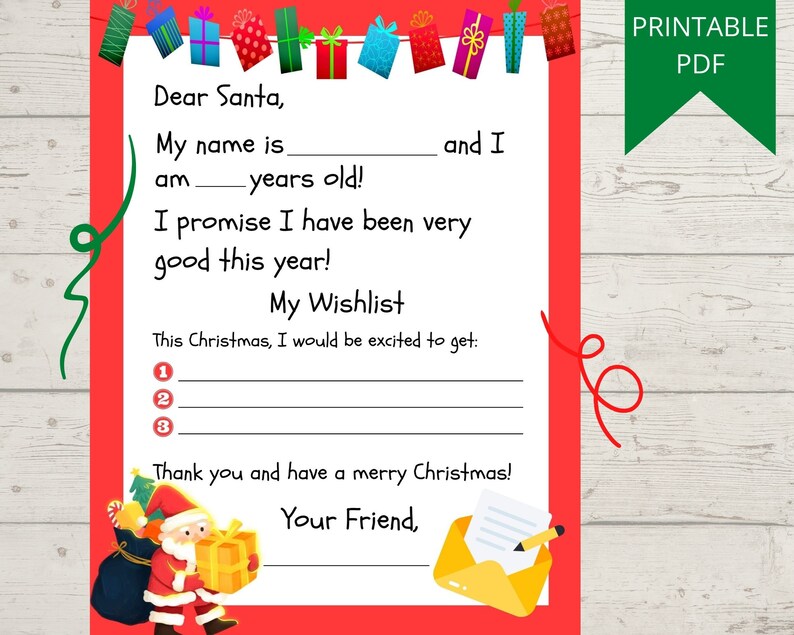 Puede incluir: Una carta de Navidad en PDF imprimible para Pap&aacute; Noel con un borde rojo. La carta incluye secciones para completar con el nombre, la edad y la lista de deseos del ni&ntilde;o. Pap&aacute; Noel y un regalo est&aacute;n ilustrados en la parte inferior.