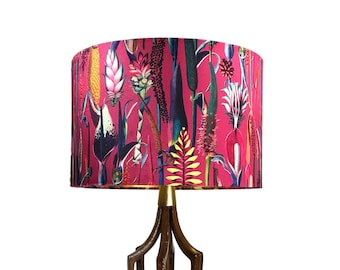 LAMPSHADE ONLY, Velvet print lampshade, Pink plants print lampshade, handmade lampshade, drum lampshade,