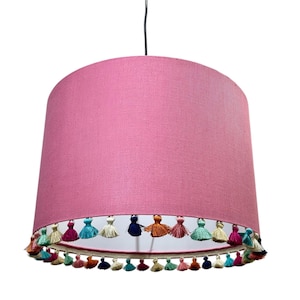 LAMPSHADE ONLY, Rose Pink linen multicolor fringe drum lampshade, handmade custom made to order lampshade for floor table ceiling lamp