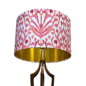 LAMPSHADE ONLY, Ikat print lampshade, pink peach print brushed gold lining lampshade, handmade lampshade, dots print drum lampshade
