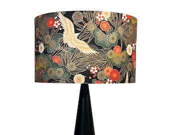 LAMPSHADE ONLY, Colorful cranes birds gold print lampshade, handmade custom made to order drum lampshade, Japanese theme print lampshade