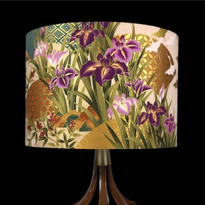 LAMPSHADE ONLY, Gold Cranes flowers bird print drum lampshade, handmade custom made to order lampshade, Japanese print lampshade
