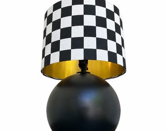 LAMPSHADE ONLY, Black and White Checkerboard Lampshade with brushed gold lining, Modern Handmade Drum Lampshade, Retro Checkered Decor