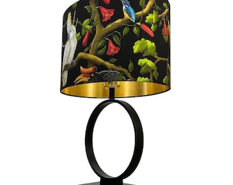 SOLO PANTALLA DE LÁMPARA, Pantalla ovalada con diseño de pájaros tropicales y forro dorado cepillado, Pantalla de lámpara negra llamativa, Pantalla de lámpara personalizada hecha a mano con estampado exótico