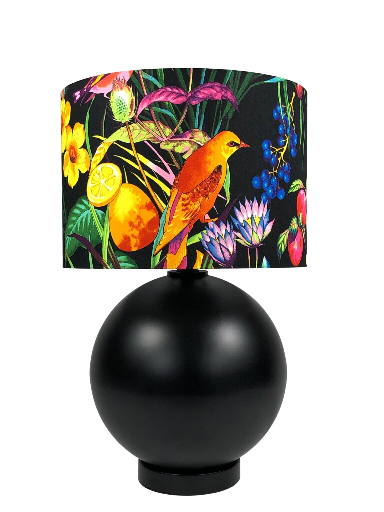 Abat-jour seulement, abat-jour imprimé floral, abat-jour fleurs, abat-jour fait main, abat-jour tambour, abat-jour noir, abat-jour oiseaux