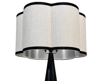LAMPSHADE ONLY, Natural linen scallop flower lampshade black trim brushed silver lining, handmade custom lampshade, contemporary lampshade