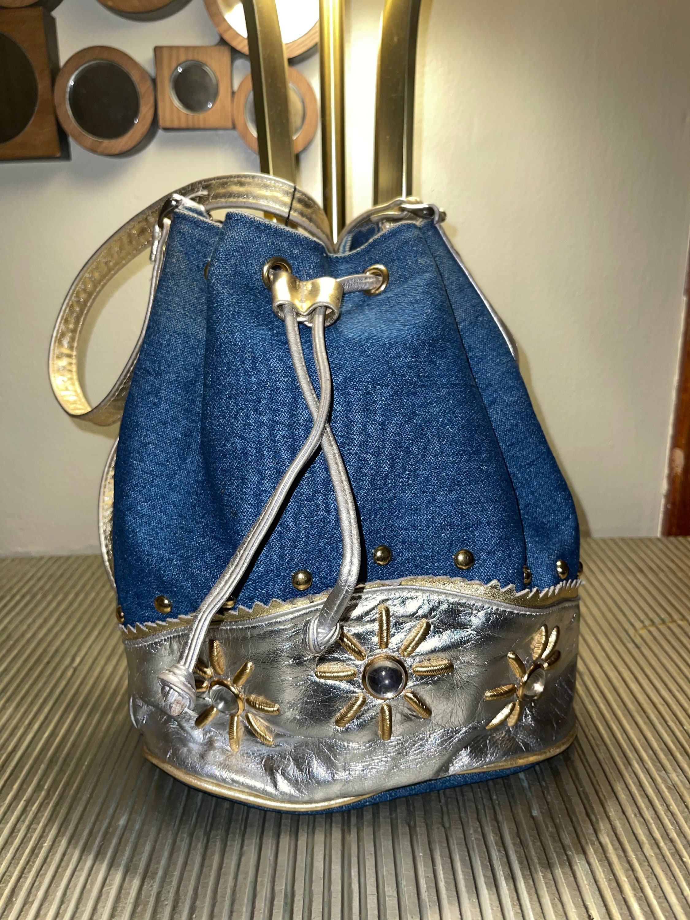 Vintage Denim and Metallic Leather Bucket Purse 