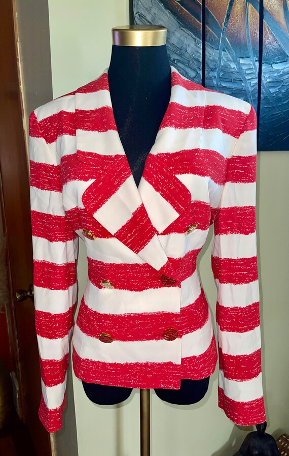 Louis Feraud Cropped Red and White Striped Blazer