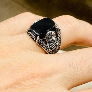 Black Stone Silver Eagle Ring, 925 Sterling Silver Sterling, Animal Ring, Onyx Men&#39;s Ring, Men&#39;s Gift, Bird Silver Ring